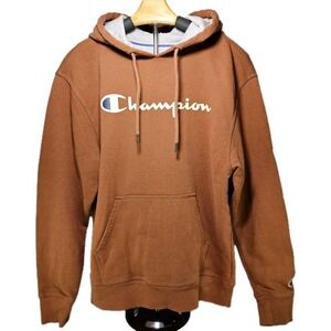Champion Hoodie Sweatshirt Brown Logo Pullover Hooded Pocket Mens Medium